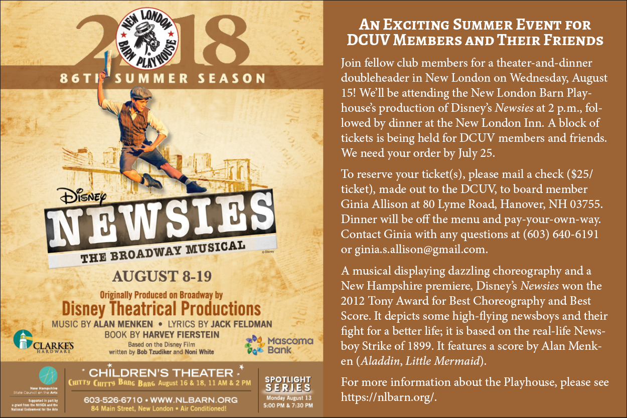 Poster for DCUV 2018 summer trip to see Newsies at the New London Barn Playhouse