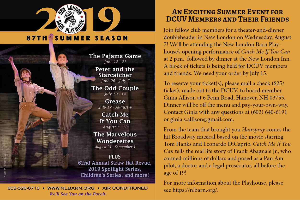 Flyer for 2019 DCUV event at the New London Barn Playhouse